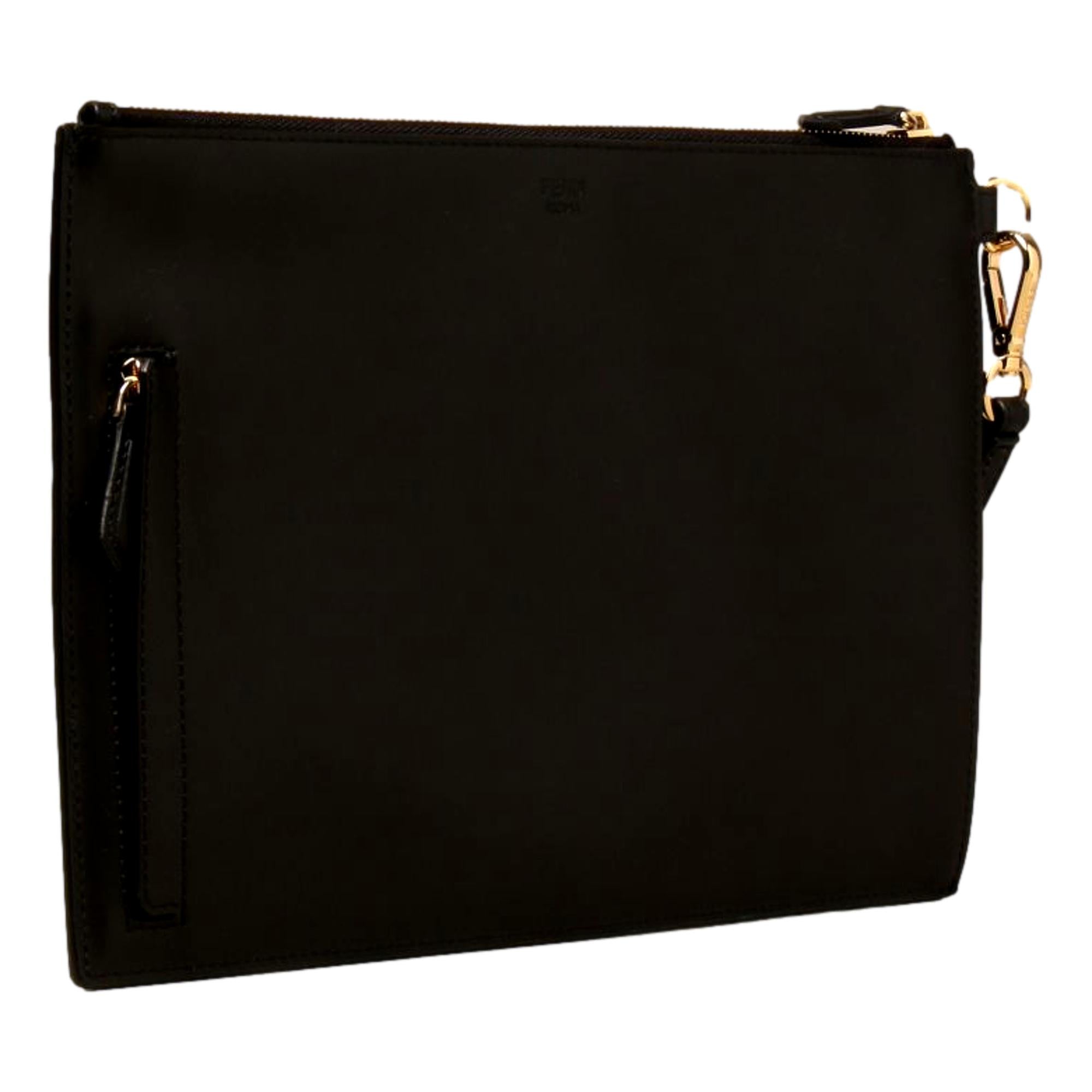 Fendi Bugs Black Calf Leather Gold Metal Wristlet Clutch 7N0110 at_Queen_Bee_of_Beverly_Hills