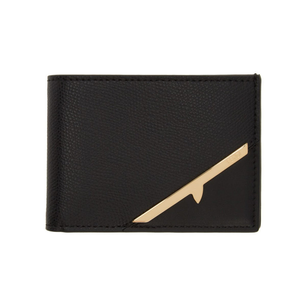 Fendi Bugs Gold Corner Black Pebbled Leather Bifold ID Wallet 7M0303 at_Queen_Bee_of_Beverly_Hills