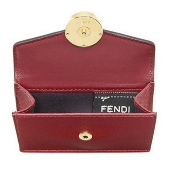 Fendi Calf Leather F Logo Barola Red Micro Trifold Wallet available at Queen Bee of Beverly Hills