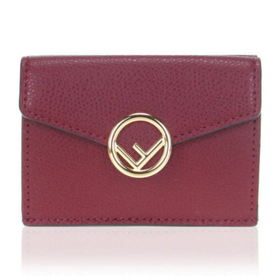 Fendi Calf Leather F Logo Barola Red Micro Trifold Wallet available at Queen Bee of Beverly Hills