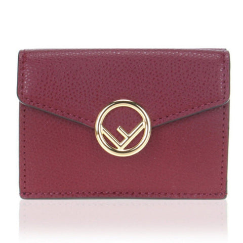 Fendi Calf Leather F Logo Barola Red Micro Trifold Wallet available at Queen Bee of Beverly Hills