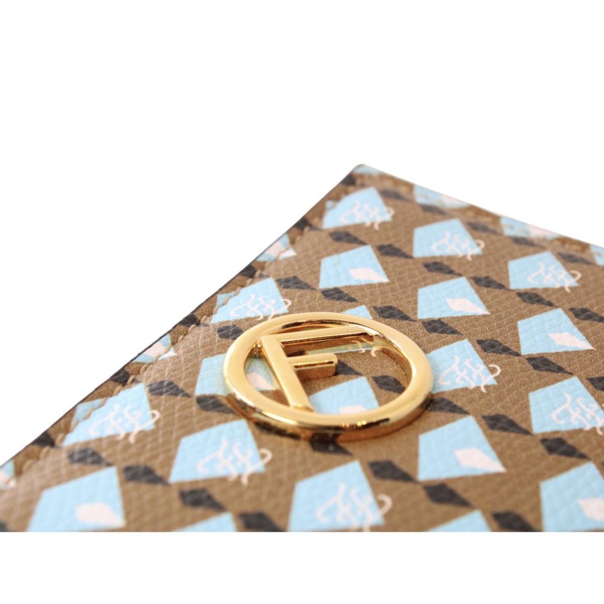 Fendi Calf Leather F Logo Blue Brown Small Bifold Wallet available at Queen Bee of Beverly Hills