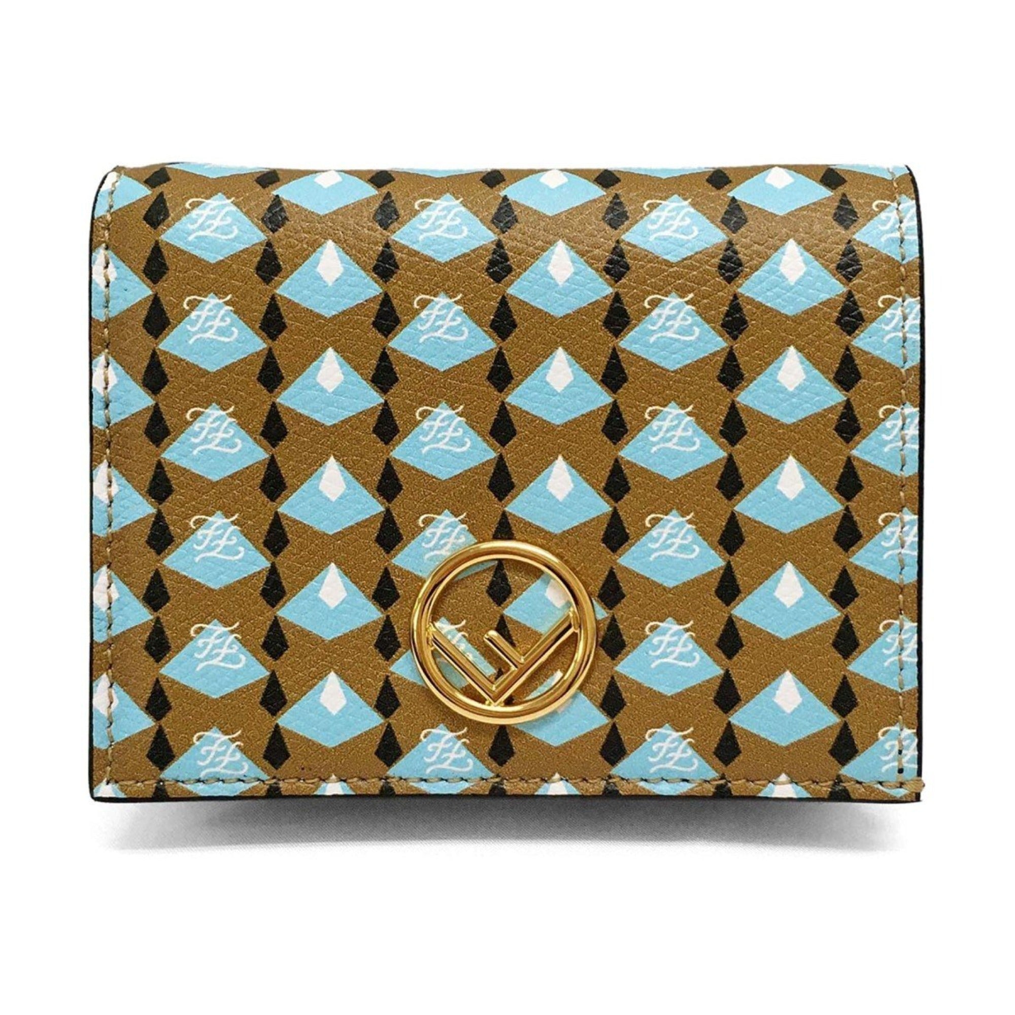 Fendi Calf Leather F Logo Blue Brown Small Bifold Wallet available at Queen Bee of Beverly Hills