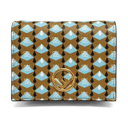 Fendi Calf Leather F Logo Blue Brown Small Bifold Wallet available at Queen Bee of Beverly Hills