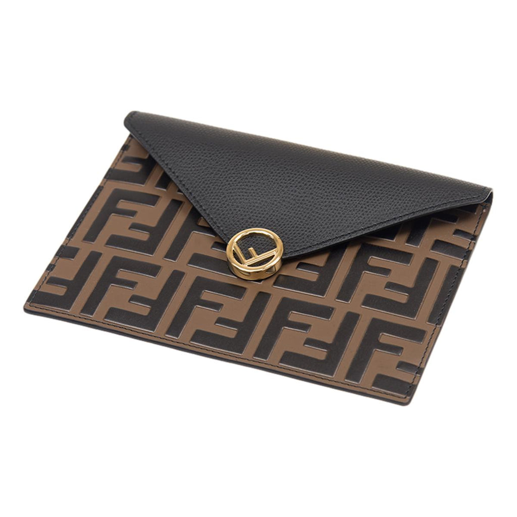Fendi F is Fendi Black Brown Embossed Leather Flat Pouch 8N0151 at_Queen_Bee_of_Beverly_Hills