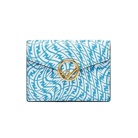 Fendi F is Fendi Cyber Blue Leather Vertigo Print Small Trifold Wallet 8M0395 at_Queen_Bee_of_Beverly_Hills