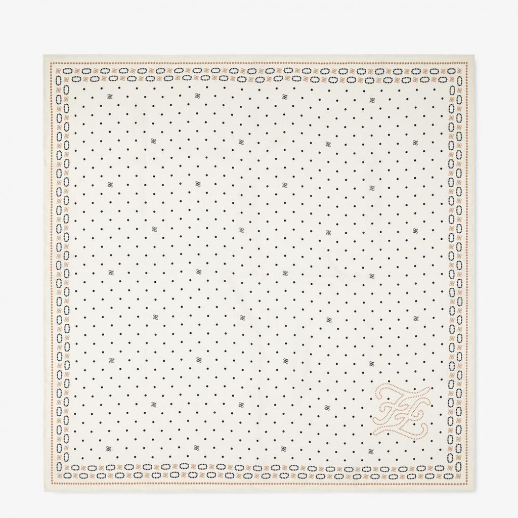 Fendi FF Karligraphy Dotted Logo Ivory Silk Scarf 65 cm FXT317 at_Queen_Bee_of_Beverly_Hills