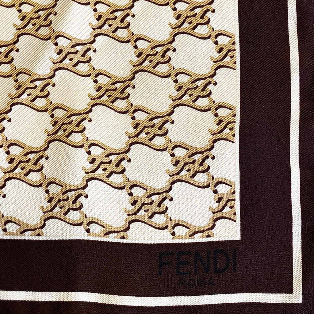 Fendi FF Karligraphy Print Brown and Ivory Silk Scarf 33 cm FXT337 at_Queen_Bee_of_Beverly_Hills