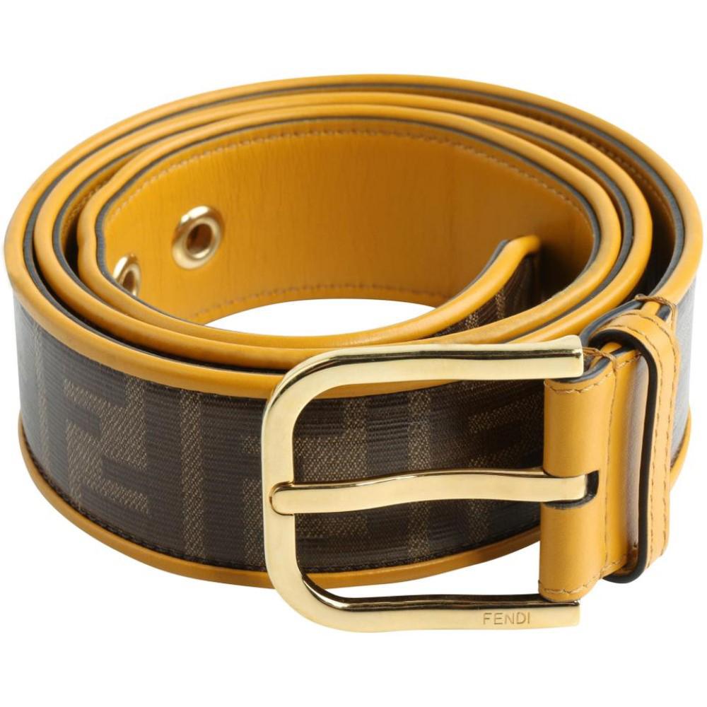 Fendi FF Logo Zucca Brown Yellow Leather Trim Belt 7C0400 Size 100/40 at_Queen_Bee_of_Beverly_Hills