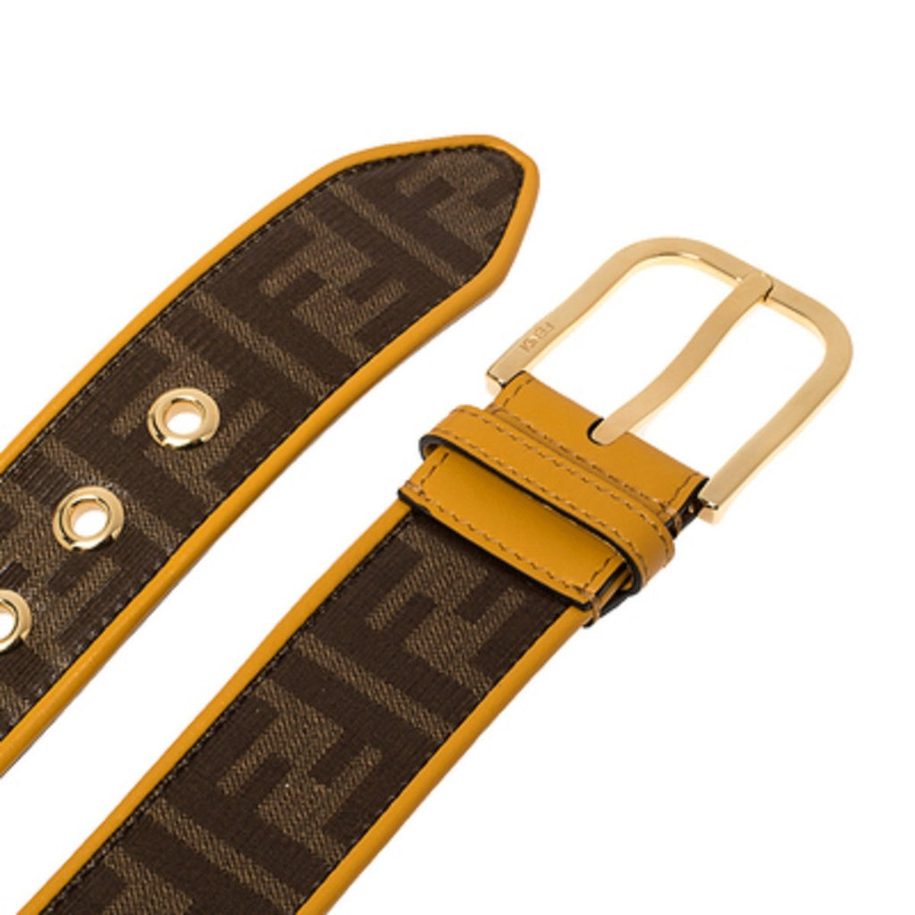 Fendi FF Logo Zucca Brown Yellow Leather Trim Belt 7C0400 Size 100/40 at_Queen_Bee_of_Beverly_Hills