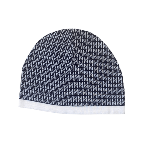 Fendi FF Print Nero and Bianco Knitted Wool Beanie available at Queen Bee of Beverly Hills