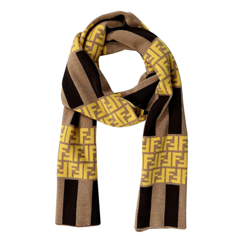 Fendi FF Print Striped Brown and Yellow Knitted Wool Scarf FXS124 at_Queen_Bee_of_Beverly_Hills