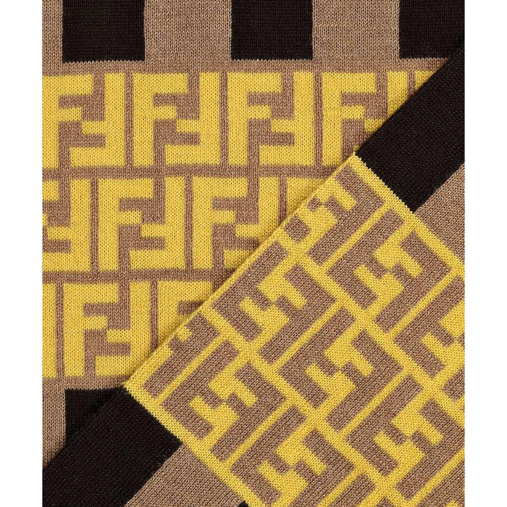 Fendi FF Print Striped Brown and Yellow Knitted Wool Scarf FXS124 at_Queen_Bee_of_Beverly_Hills