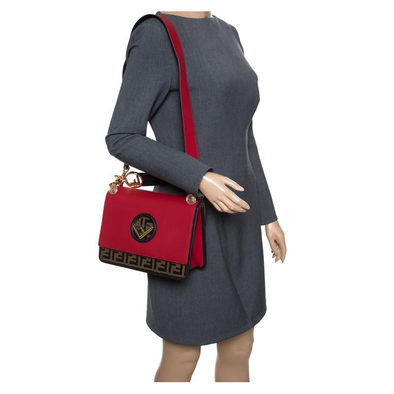 Fendi Kan I F Red Brown Zucca Embossed Leather Shoulder Bag 8BT284 at_Queen_Bee_of_Beverly_Hills