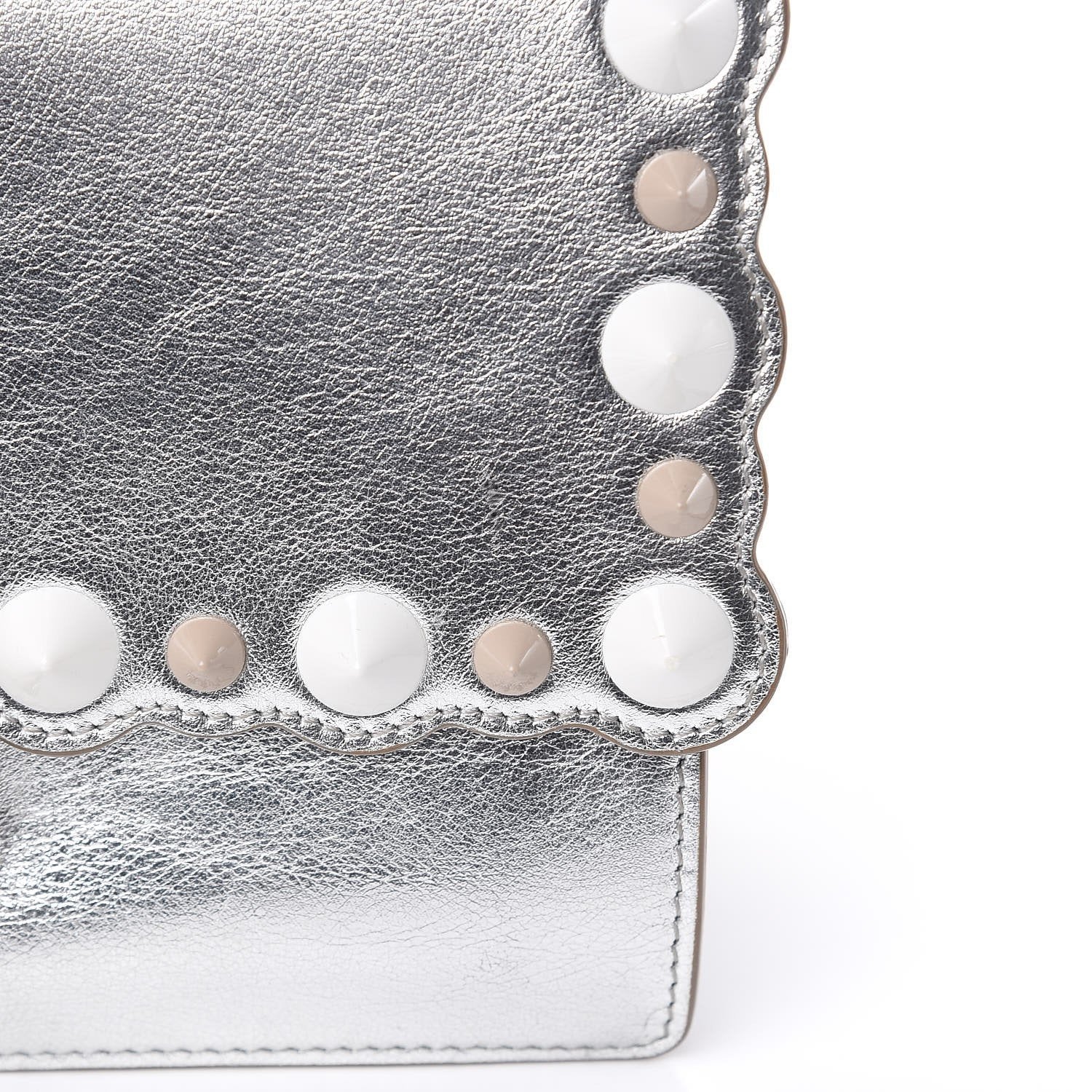 Fendi Kan I Metallic Silver Calfskin Scalloped Studded Bag available at Queen Bee of Beverly Hills