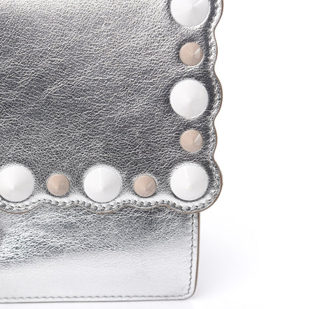 Fendi Kan I Metallic Silver Calfskin Scalloped Studded Bag available at Queen Bee of Beverly Hills