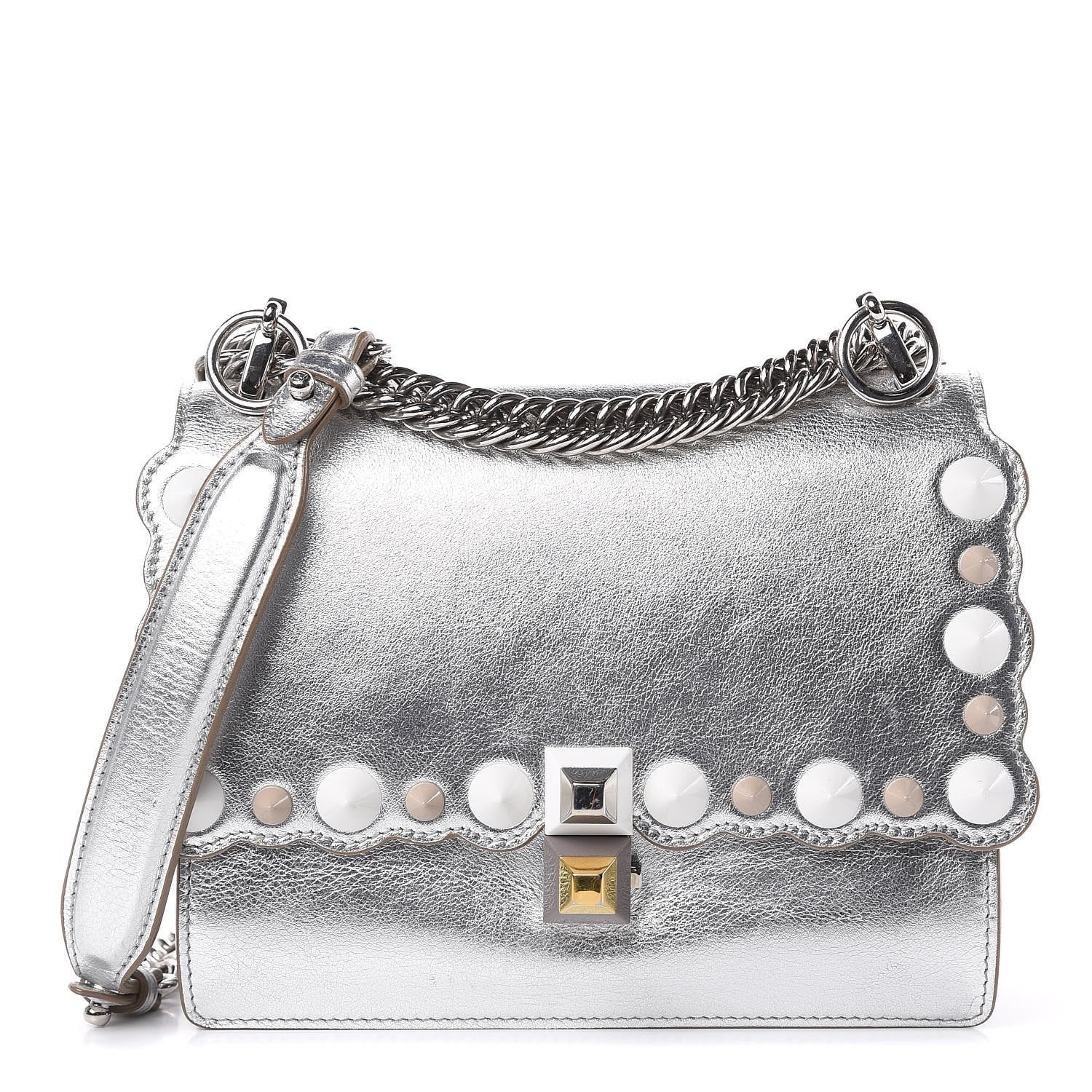Fendi Kan I Metallic Silver Calfskin Scalloped Studded Bag available at Queen Bee of Beverly Hills