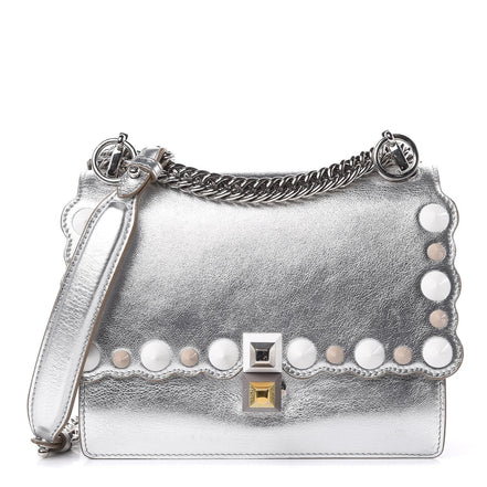 Fendi Kan I Metallic Silver Calfskin Scalloped Studded Bag available at Queen Bee of Beverly Hills
