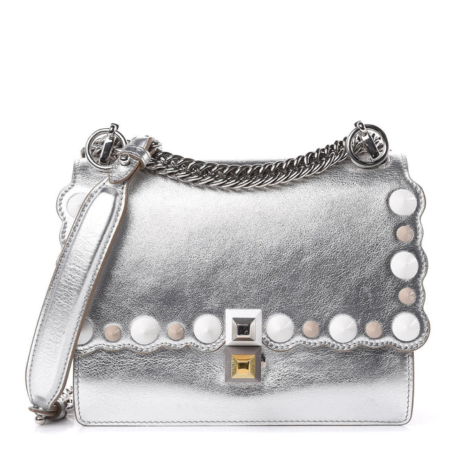 Fendi Kan I Metallic Silver Calfskin Scalloped Studded Bag available at Queen Bee of Beverly Hills