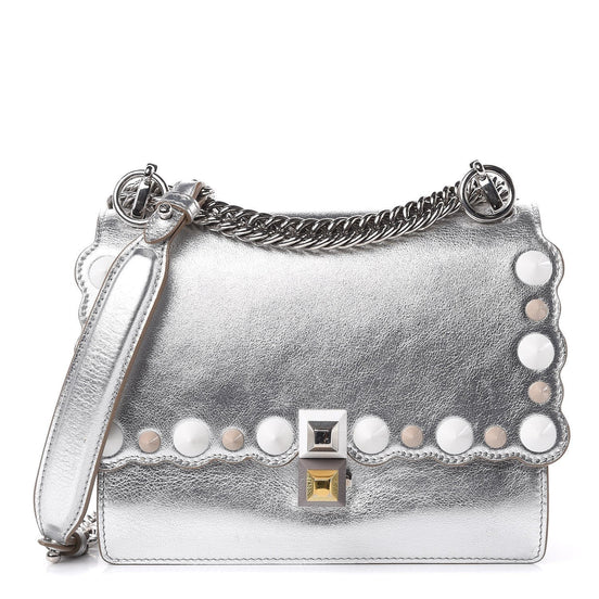 Fendi Kan I Metallic Silver Calfskin Scalloped Studded Bag available at Queen Bee of Beverly Hills