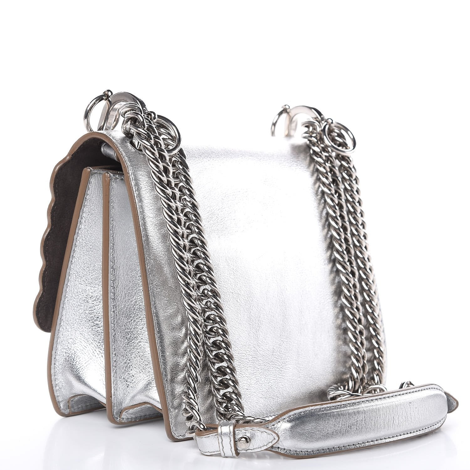 Fendi Kan I Metallic Silver Calfskin Scalloped Studded Bag available at Queen Bee of Beverly Hills
