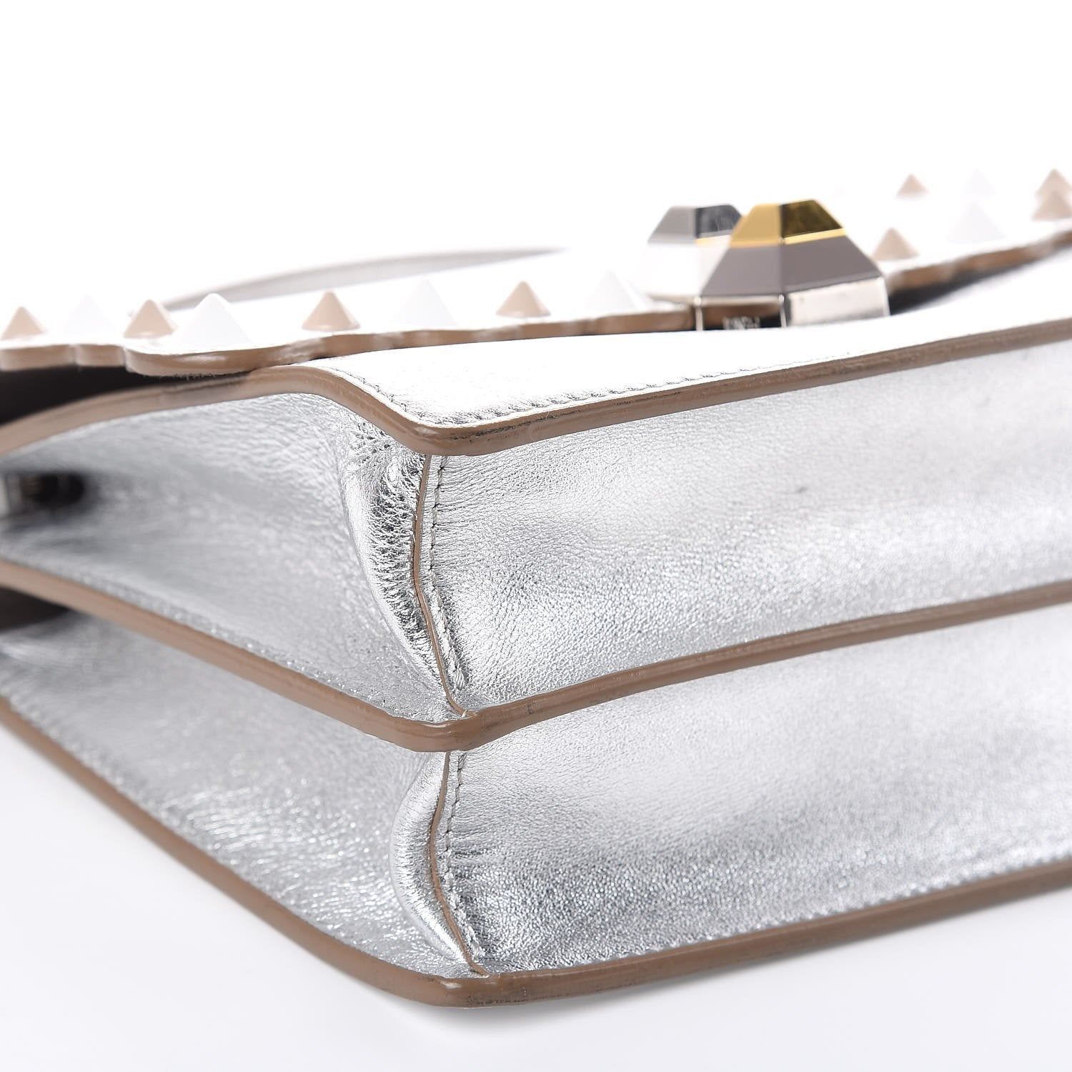 Fendi Kan I Metallic Silver Calfskin Scalloped Studded Bag available at Queen Bee of Beverly Hills