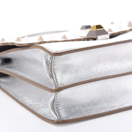 Fendi Kan I Metallic Silver Calfskin Scalloped Studded Bag available at Queen Bee of Beverly Hills