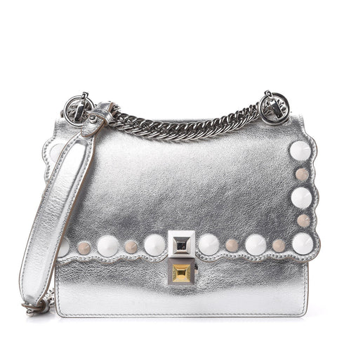 Fendi Kan I Metallic Silver Calfskin Scalloped Studded Small Shoulder Bag 8M0381 at_Queen_Bee_of_Beverly_Hills
