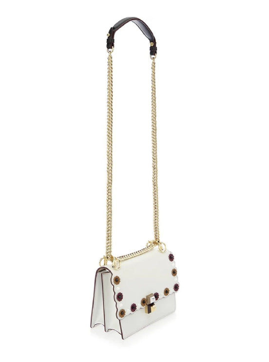Fendi Kan I White Multi Color Flowers Leather Chain Bag available at Queen Bee of Beverly Hills