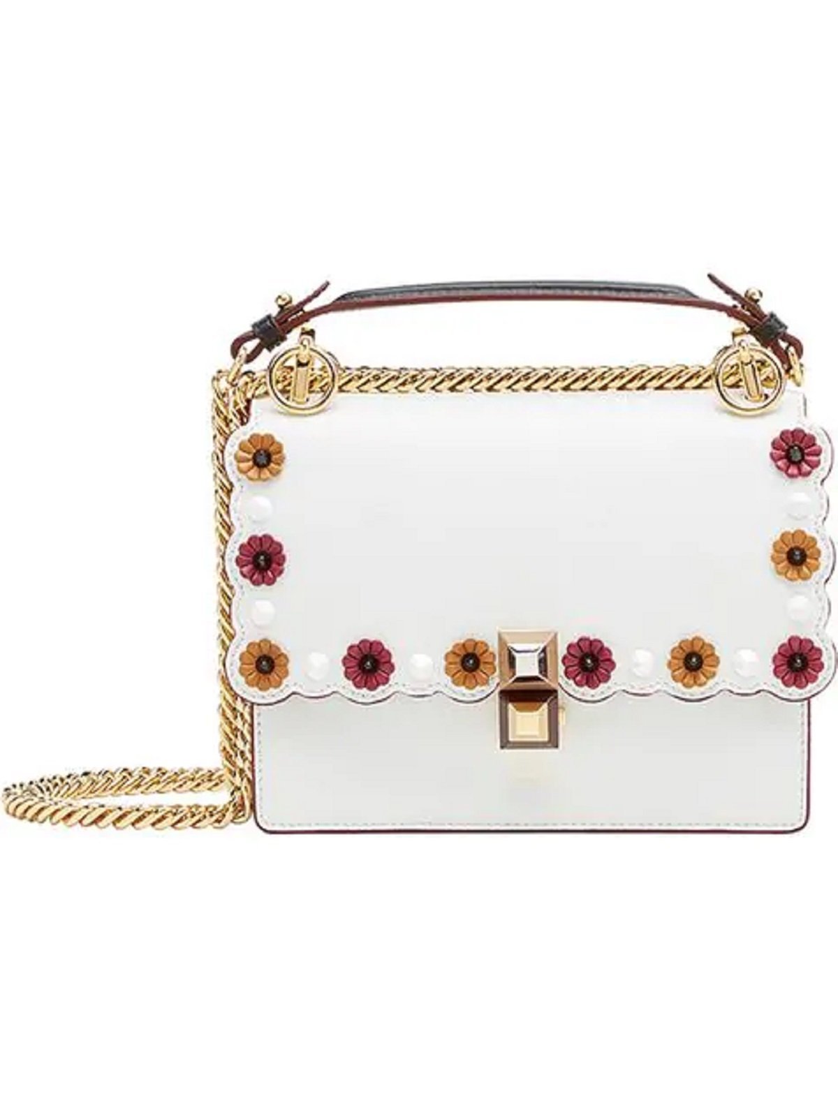 Fendi Kan I White Multi Color Flowers Leather Chain Bag available at Queen Bee of Beverly Hills