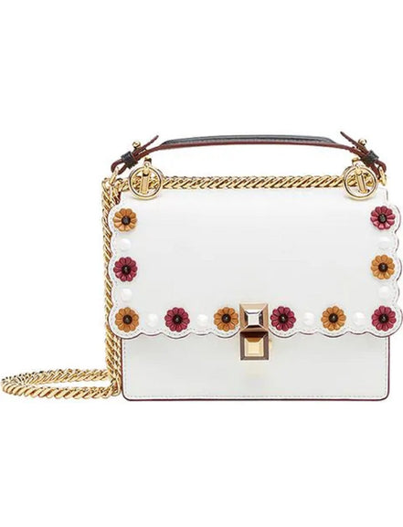 Fendi Kan I White Multi Color Flowers Leather Chain Bag available at Queen Bee of Beverly Hills