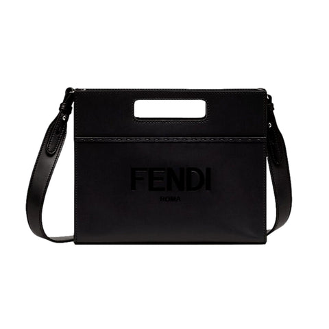 Fendi Logo 2-Way Smooth Black Leather Small Tote Bag 7VA547 at_Queen_Bee_of_Beverly_Hills