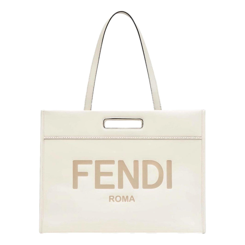 Fendi Logo 2-Way Smooth Ivory Leather Tote Bag