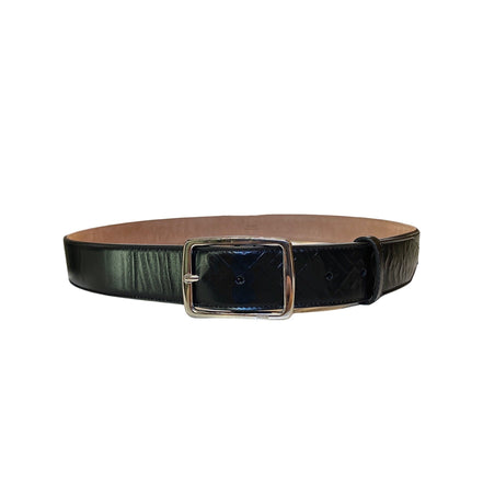 Fendi Mens Silver Buckle Smooth Black Calf Leather Belt 105 available at Queen Bee of Beverly Hills