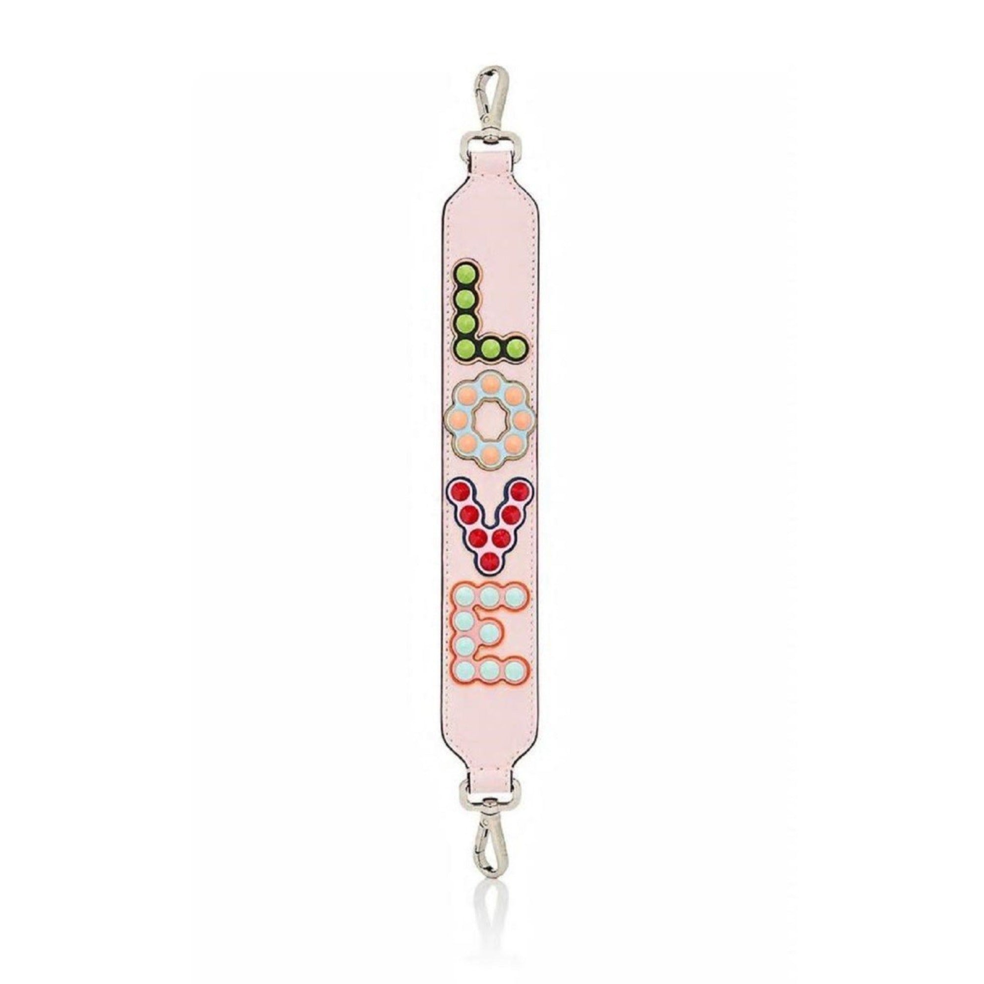 Fendi Mini Strap You Pink Peonia Multicolor "LOVE" Studded Leather available at Queen Bee of Beverly Hills