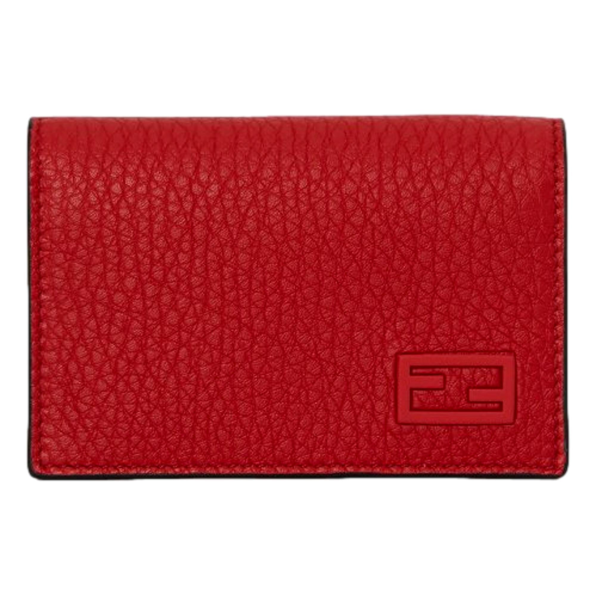 Fendi Red Grained Leather Baguette Logo Card Case Wallet available at Queen Bee of Beverly Hills