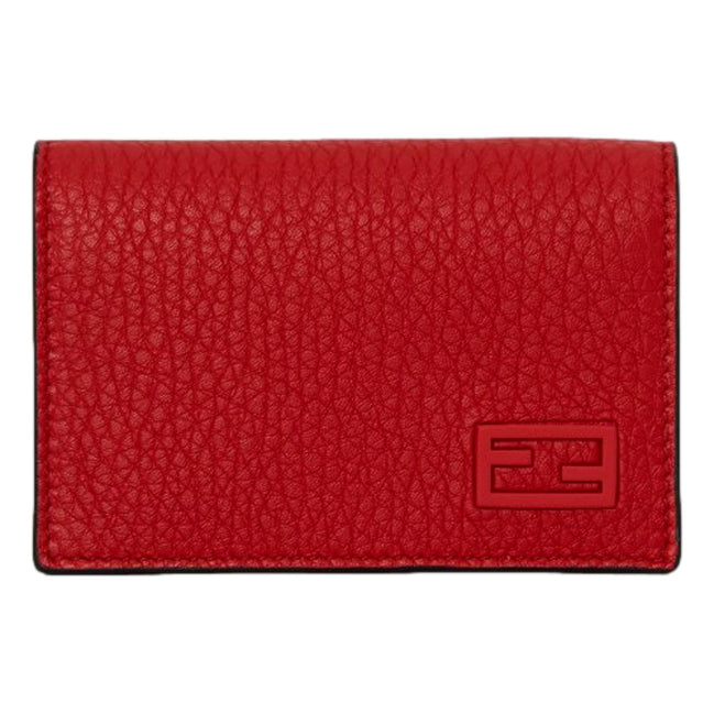 Fendi Red Grained Leather Baguette Logo Card Case Wallet available at Queen Bee of Beverly Hills