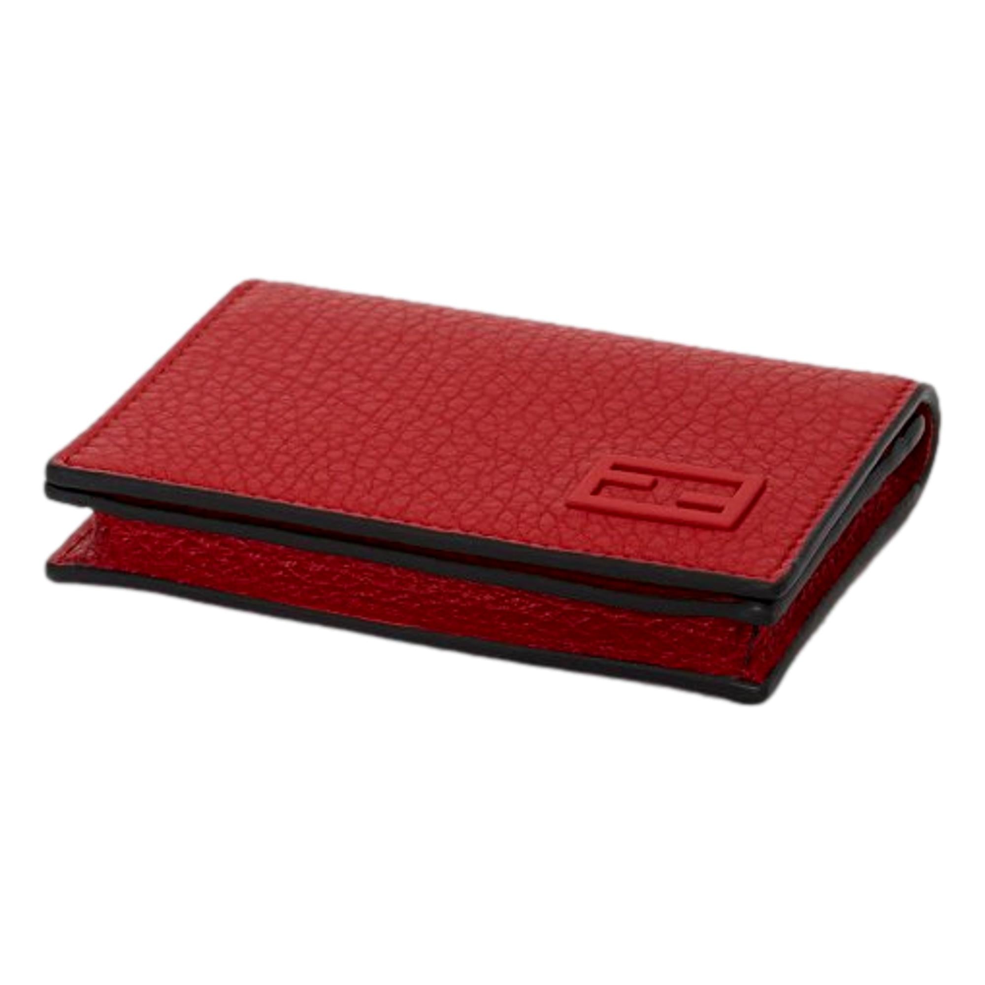 Fendi Red Grained Leather Baguette Logo Card Case Wallet available at Queen Bee of Beverly Hills