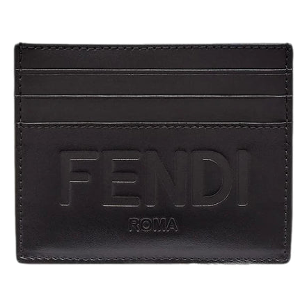 Fendi Roma Black Calfskin Leather Embossed Logo Card Case Wallet available at Queen Bee of Beverly Hills
