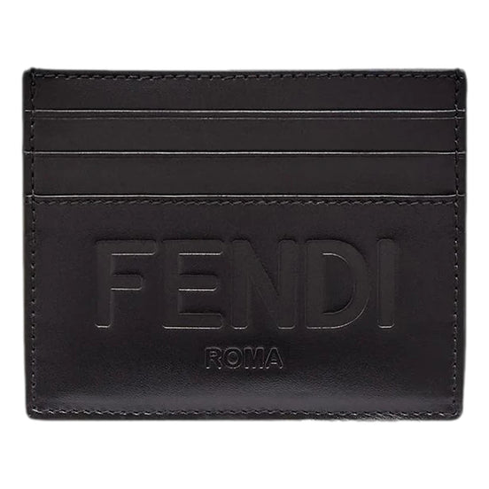 Fendi Roma Black Calfskin Leather Embossed Logo Card Case Wallet available at Queen Bee of Beverly Hills