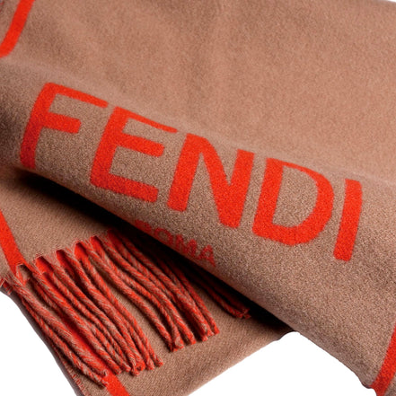 Fendi Roma Cashmere Scarf Beige Orange Logo available at Queen Bee of Beverly Hills