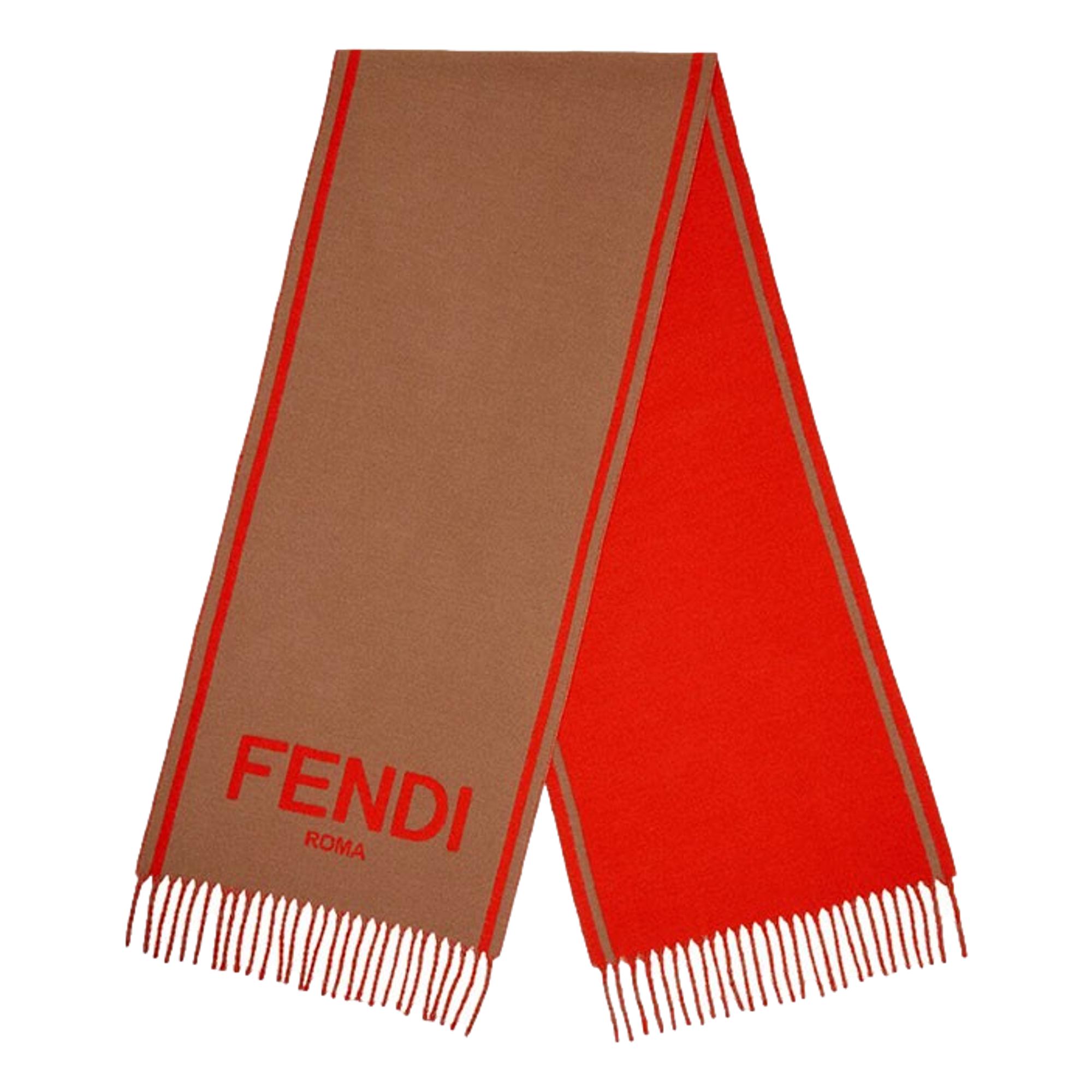 Fendi Roma Cashmere Scarf Beige Orange Logo available at Queen Bee of Beverly Hills