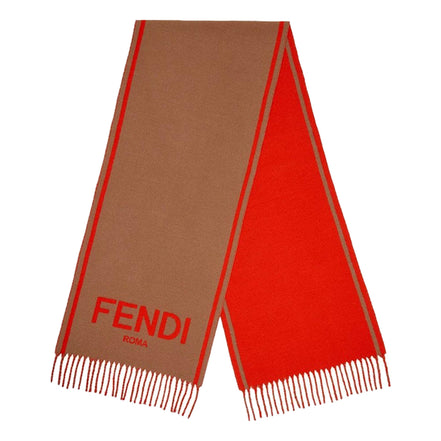 Fendi Roma Cashmere Scarf Beige Orange Logo available at Queen Bee of Beverly Hills