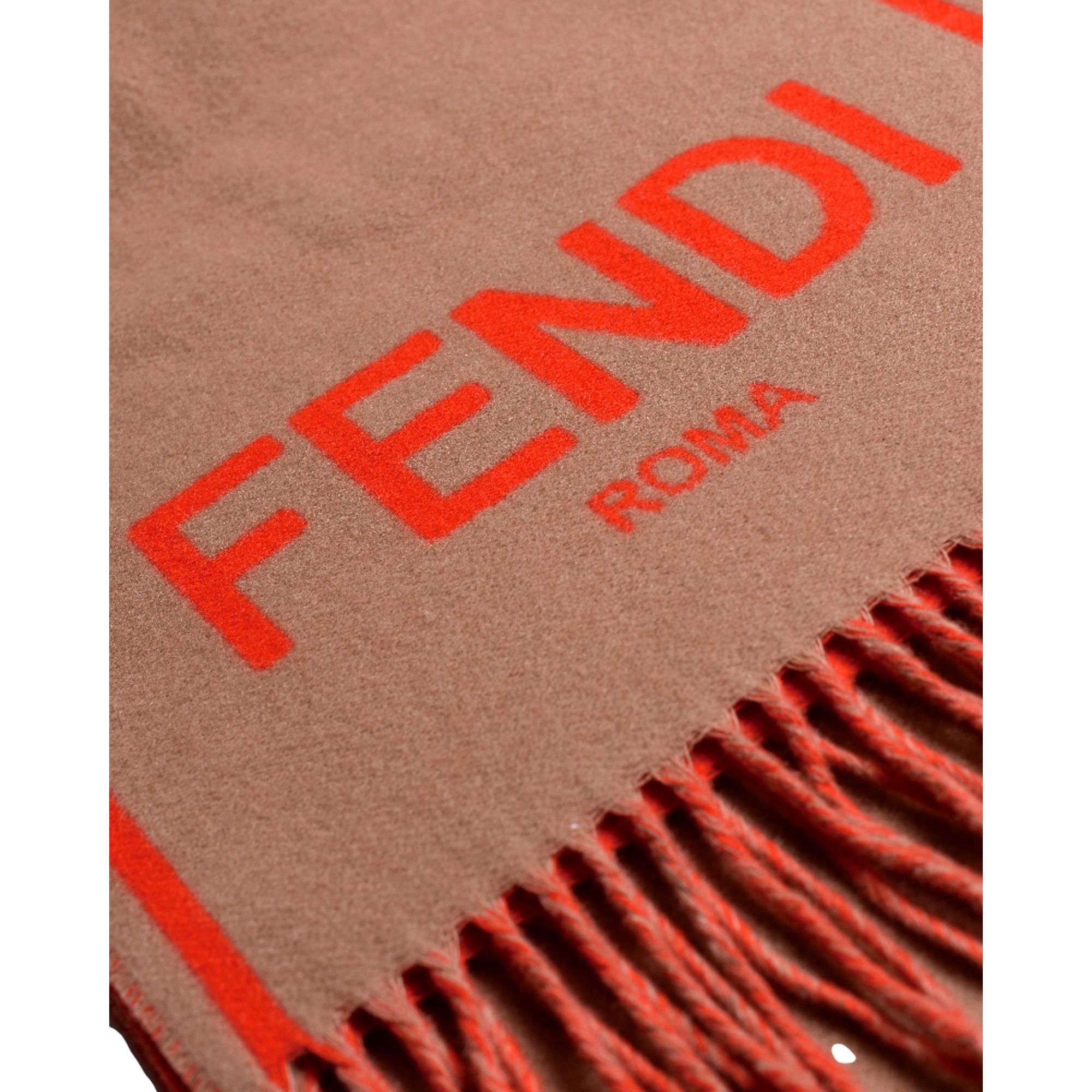 Fendi Roma Cashmere Scarf Beige Orange Logo available at Queen Bee of Beverly Hills
