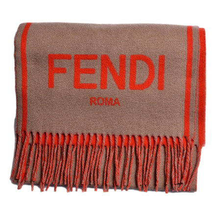 Fendi Roma Cashmere Scarf Beige Orange Logo available at Queen Bee of Beverly Hills
