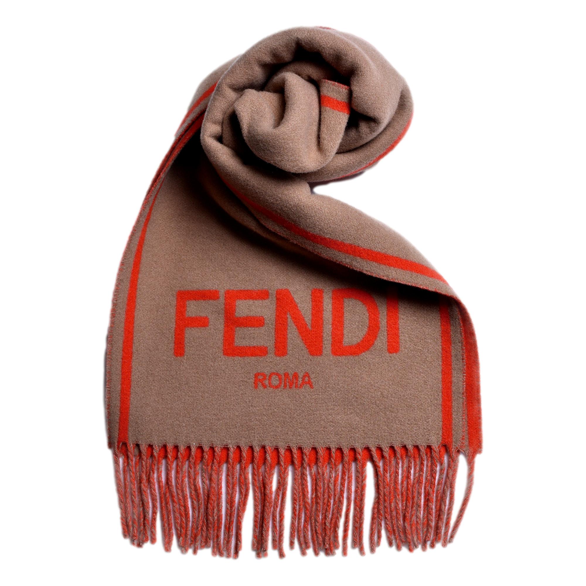 Fendi Roma Cashmere Scarf Beige Orange Logo available at Queen Bee of Beverly Hills