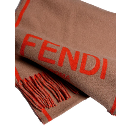 Fendi Roma Cashmere Scarf Beige Orange Logo available at Queen Bee of Beverly Hills