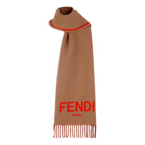 Fendi Roma Cashmere Scarf Beige Orange Logo available at Queen Bee of Beverly Hills