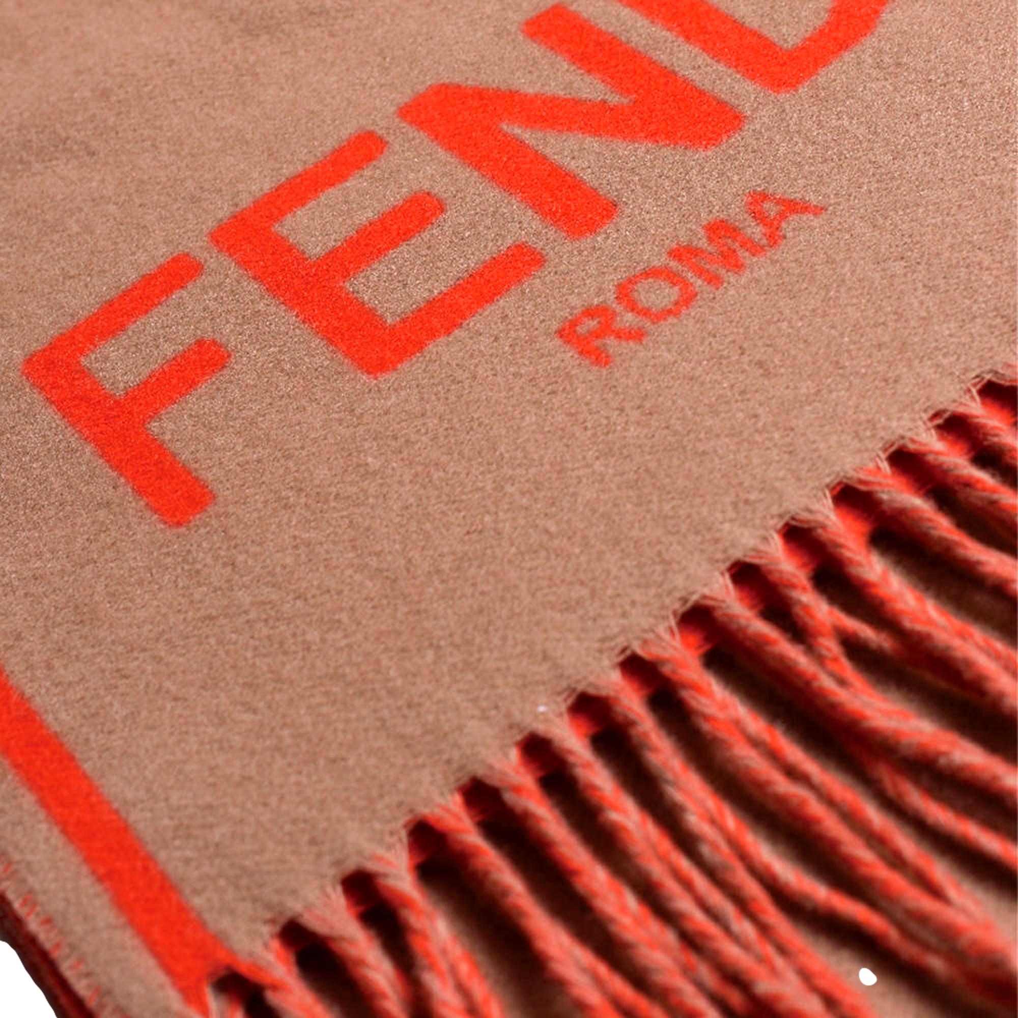 Fendi Roma Cashmere Scarf Beige Orange Logo available at Queen Bee of Beverly Hills
