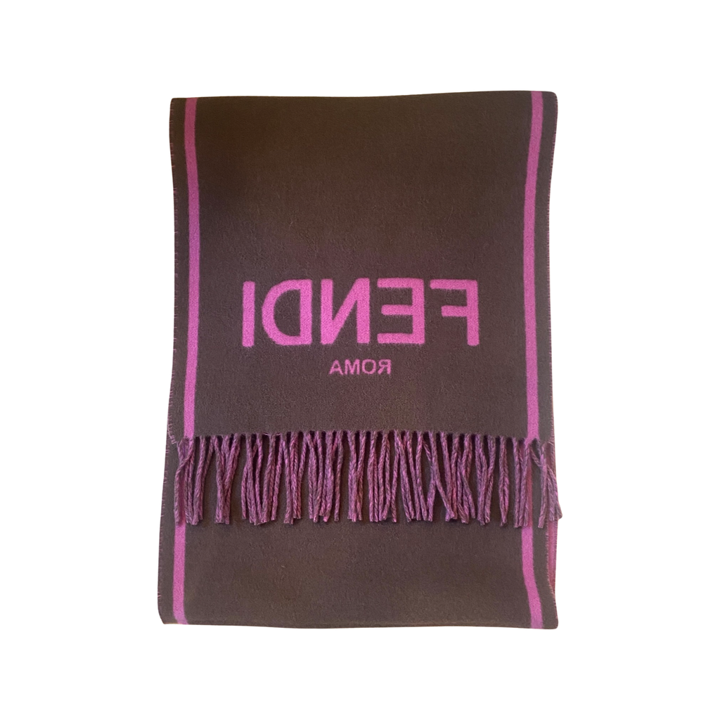 Fendi Roma Cashmere Scarf Purple Grey Logo FXT322 at_Queen_Bee_of_Beverly_Hills